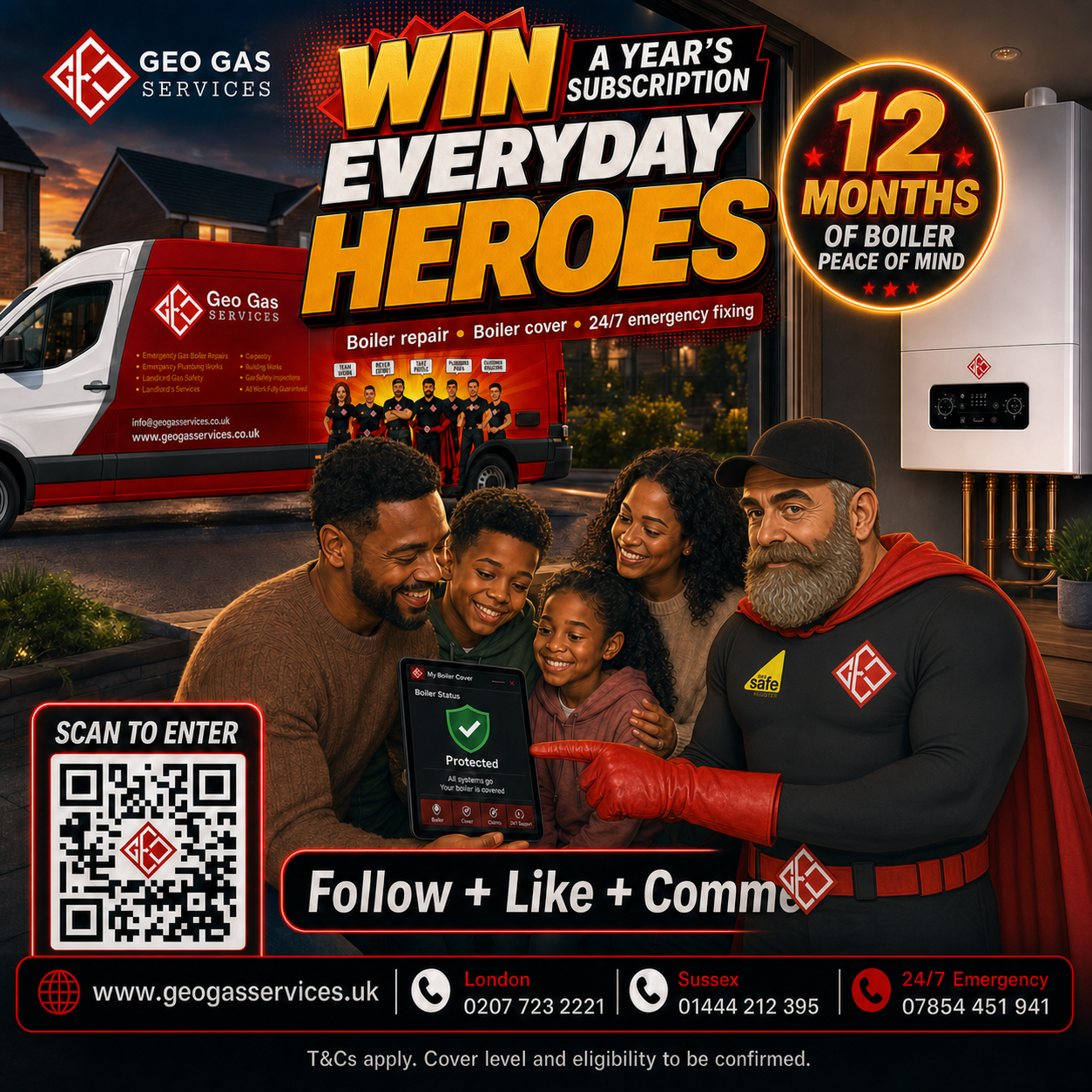 Win a year’s subscription competition poster with a Geo Gas Services van, boiler cover and scan-to-enter QR code.