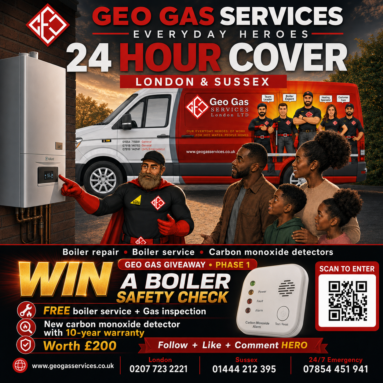 Geo Gas Services Everyday Heroes Phase 1 competition poster offering a free boiler service, gas inspection and a carbon monoxide detector with a 10-year warranty, worth 200 pounds.