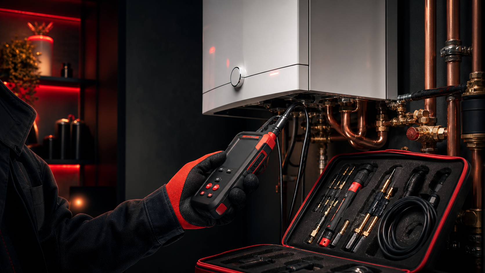 Engineer using diagnostic equipment on a domestic boiler with copper pipework