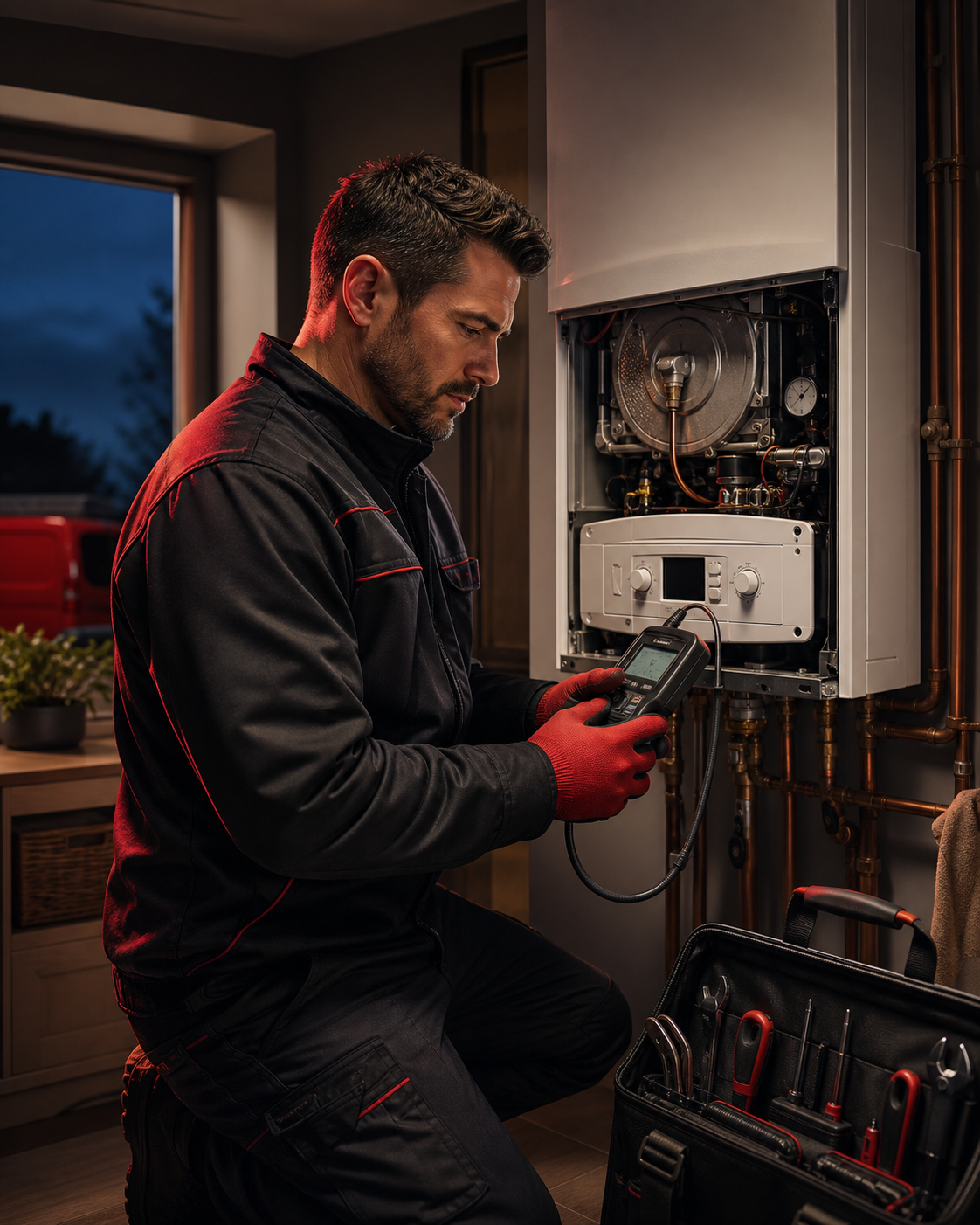 Gas engineer using a diagnostic meter while inspecting a domestic boiler