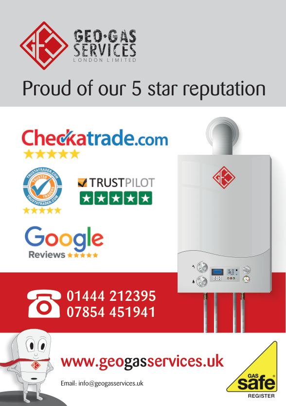GEO Gas brochure page showing 5 star reputation and contacts